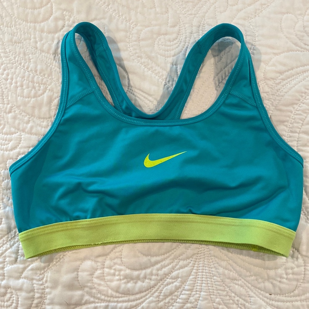 Nike sports bra, size medium, teal and lime green